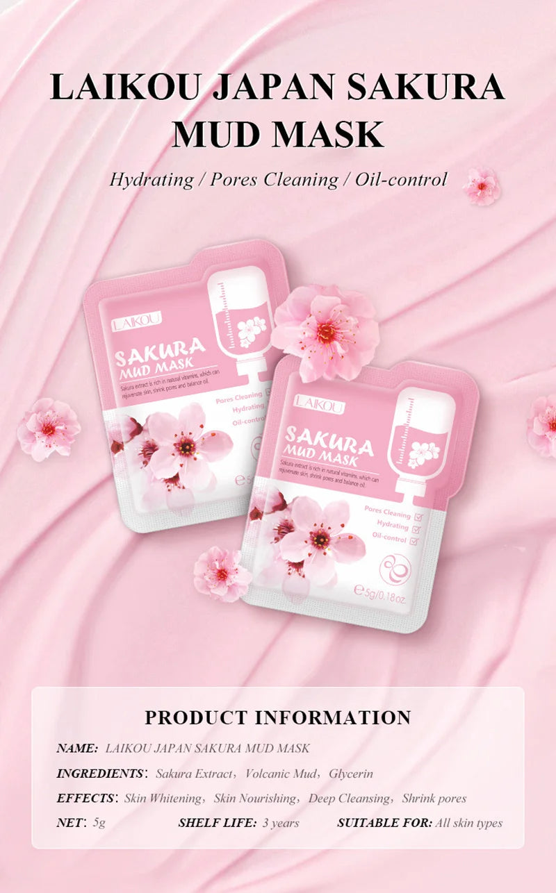 50pcs LAIKOU Sakura Mud Masks - Moisturizing, Anti-Aging, Anti-Acne, Deep Cleansing Facial Clay Masks for Skincare and Beauty.