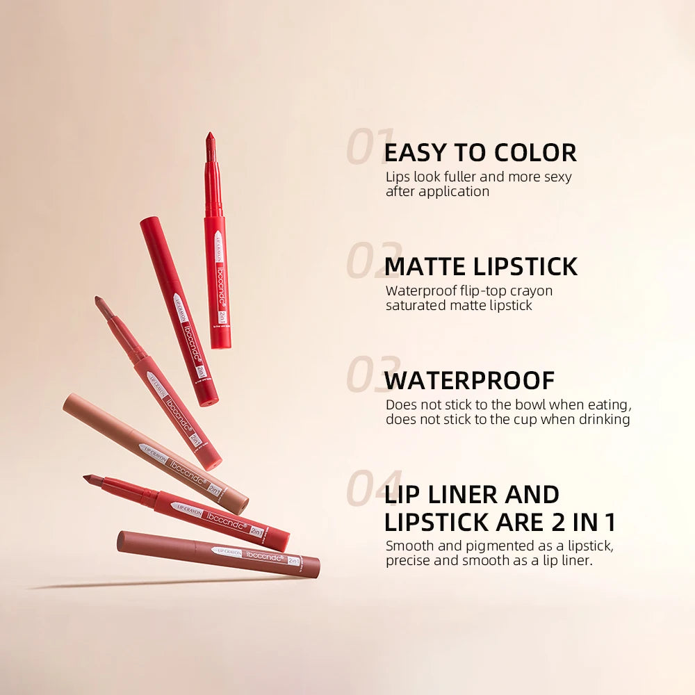 Rotary Lipliner Lipstick Pen - Durable, Waterproof, Lusterless Lipstick in 12 Colors with Pencil Sharpener.