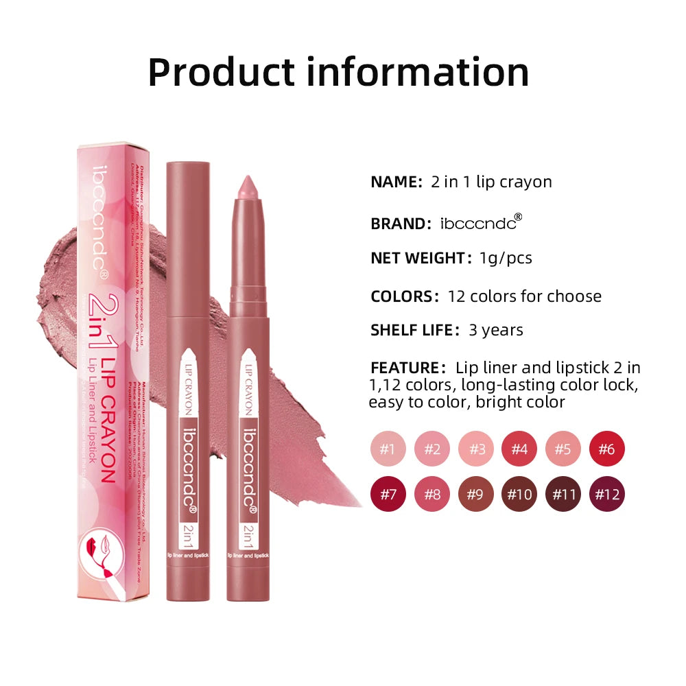 Rotary Lipliner Lipstick Pen - Durable, Waterproof, Lusterless Lipstick in 12 Colors with Pencil Sharpener.