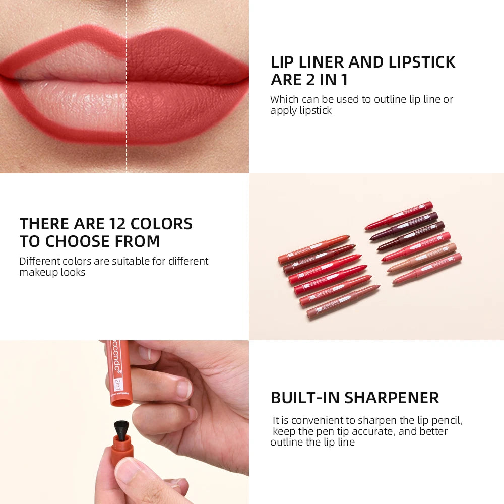 Rotary Lipliner Lipstick Pen - Durable, Waterproof, Lusterless Lipstick in 12 Colors with Pencil Sharpener.