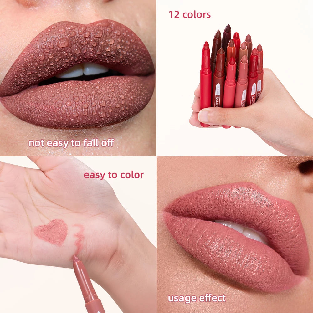 Rotary Lipliner Lipstick Pen - Durable, Waterproof, Lusterless Lipstick in 12 Colors with Pencil Sharpener.